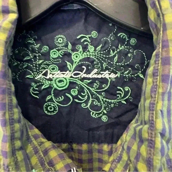 Artisti Industrie Italy Checkered Long Sleeve Button Up Green & Navy Cotton Sz L - Picture 3 of 11